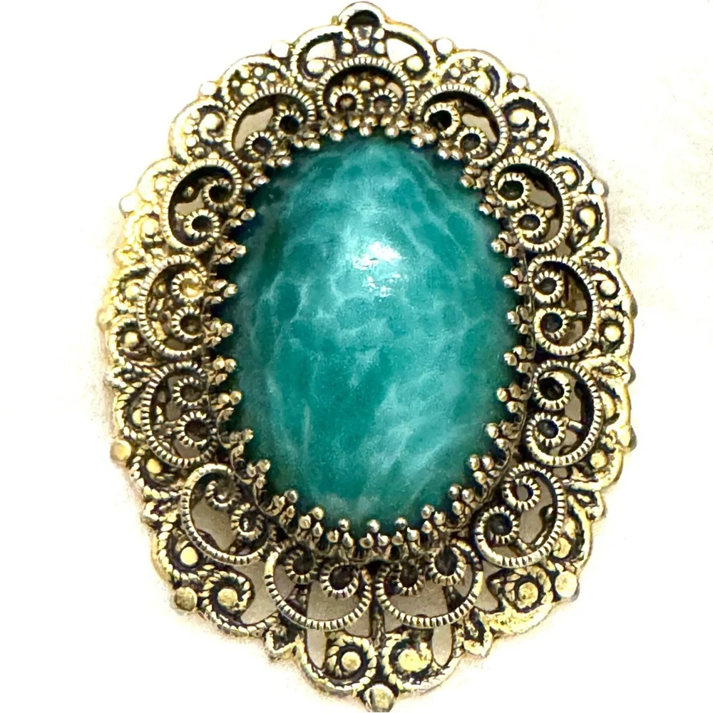 Victorian Goldette Filigree Turquoise Pecking Glass Pendant/Brooch
